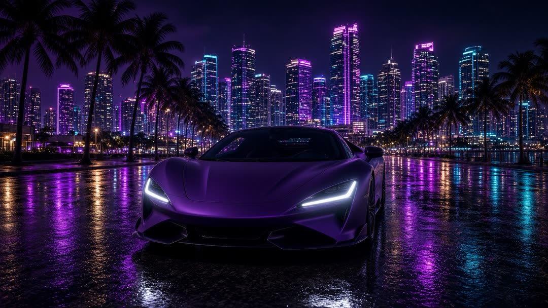 Supercar mate violette de nuit sur un boulevard mouillé, palmiers et skyline néon
